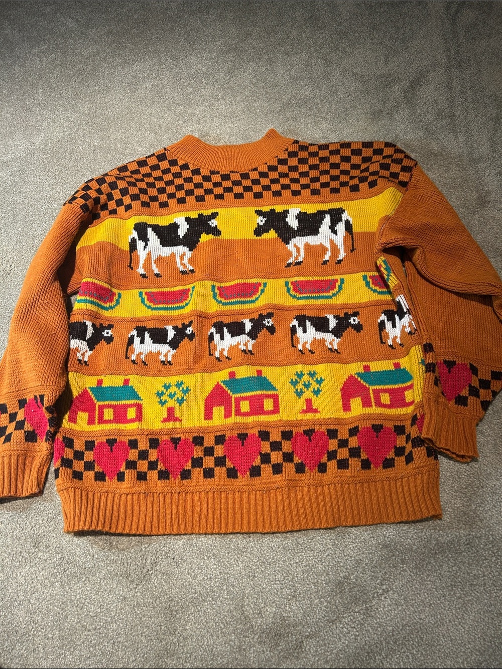 Rust Orange Cow & Farm Motif Crewneck Sweater
